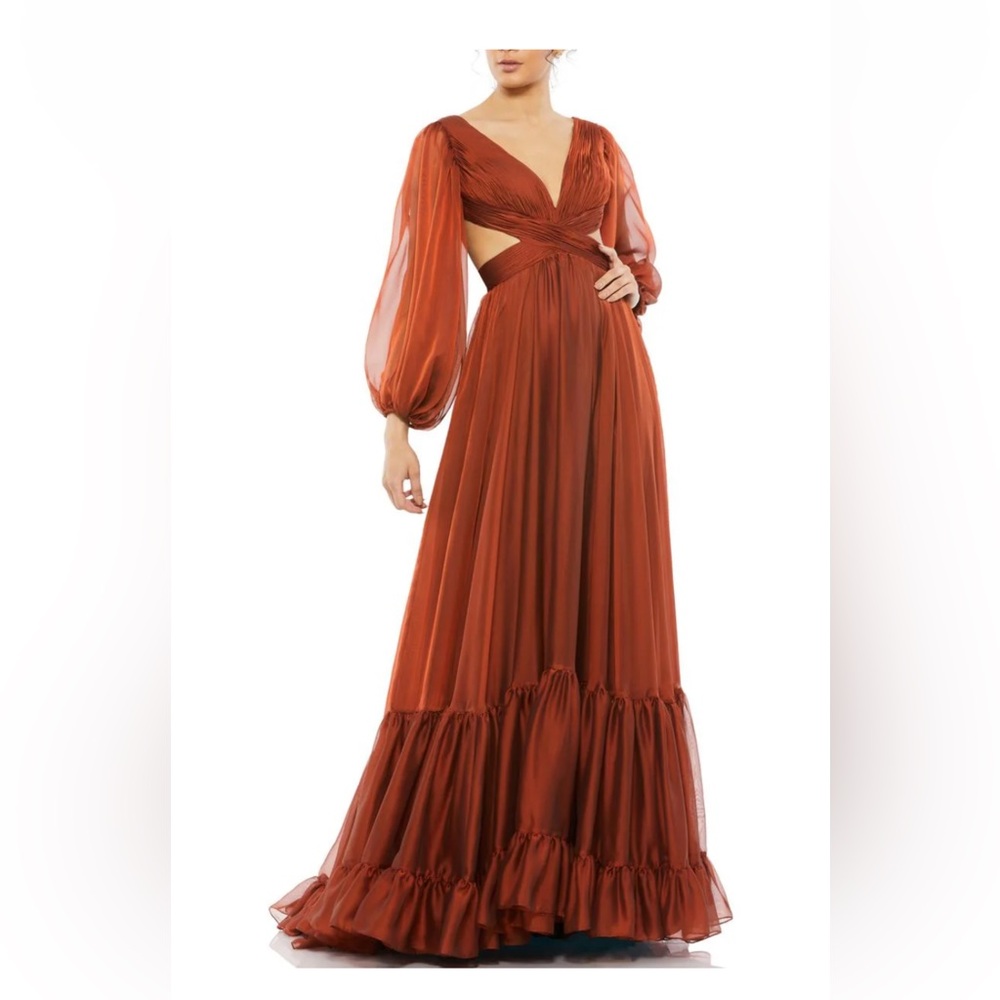 Mac Duggal Orange Plunge Gown with Bishop Sleeves
